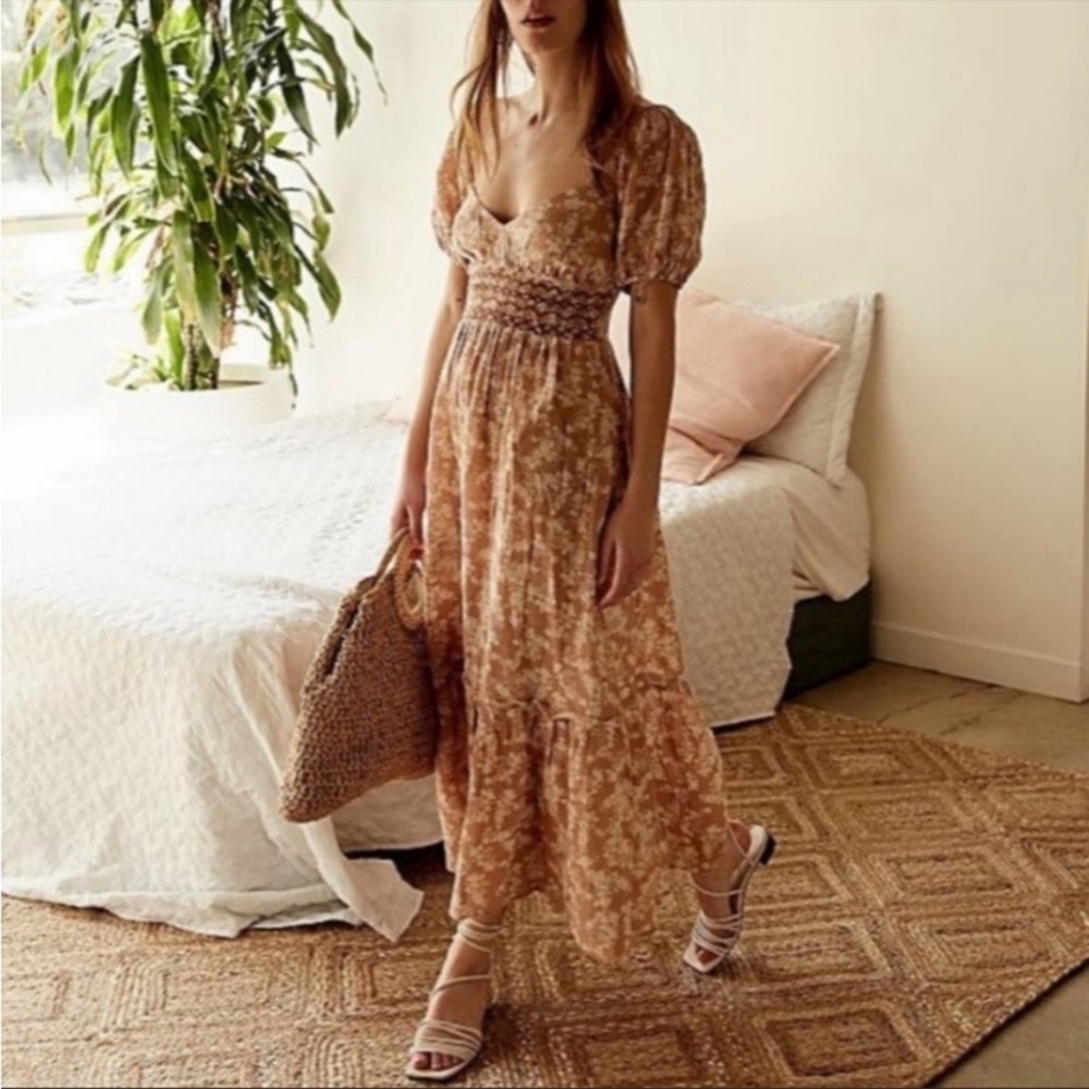 Free People Floral Maxi Dress in Brown and Cream